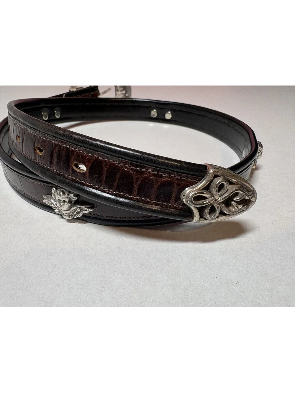 Lady Nadim USA Womens XL Western Belt Brown Leather Silver Buckle Angel Conches